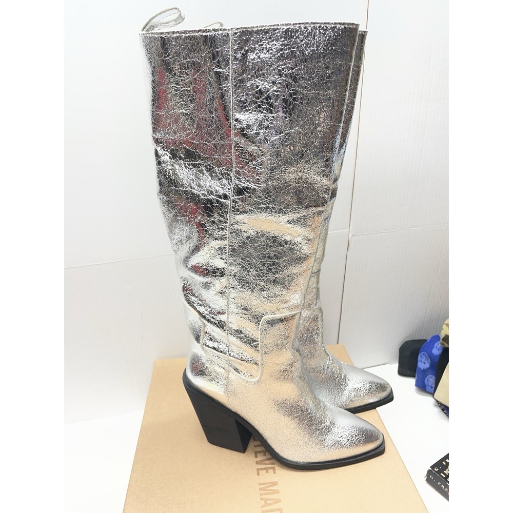 Steve Madden Dolly Silver Leather Tall Boots Women's Size 8 NEW